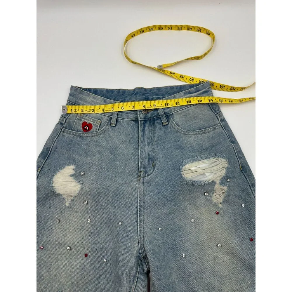 Aelfric Eden Rhinestone Application Jorts Rhinestones Sz 26 Relaxed Fit Denim